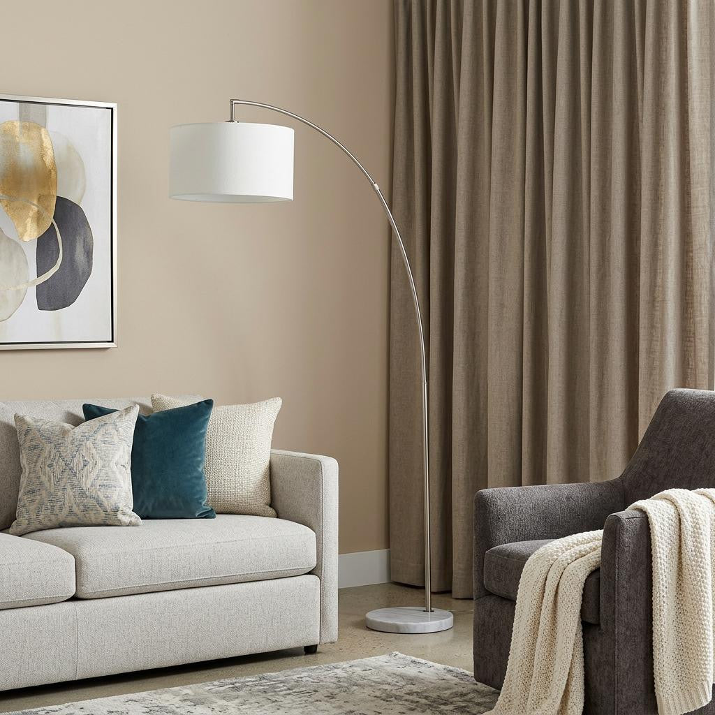 White & Silver Arc Floor Lamp w/ Shade