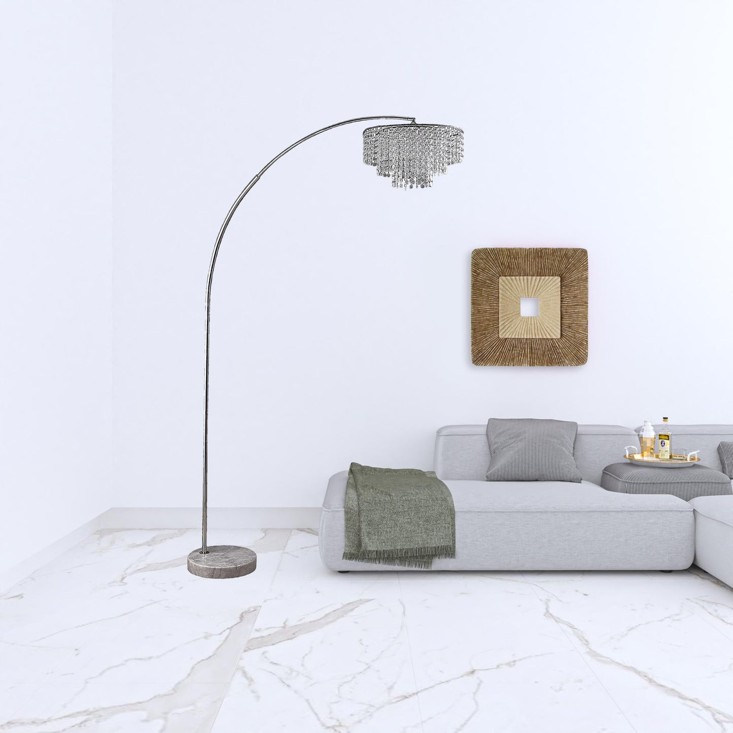 Silver & White Arc Floor Lamp w/ Faux Crystal Beading
