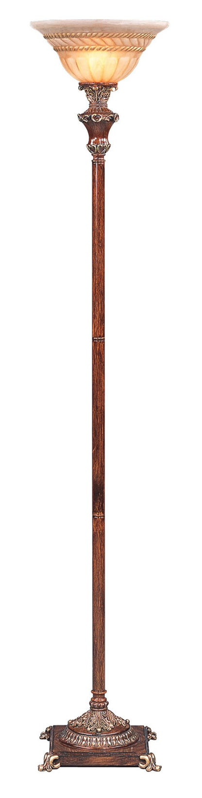 Brown Faux Wood Torchiere Floor Lamp w/ Brown Stained Glass Shade