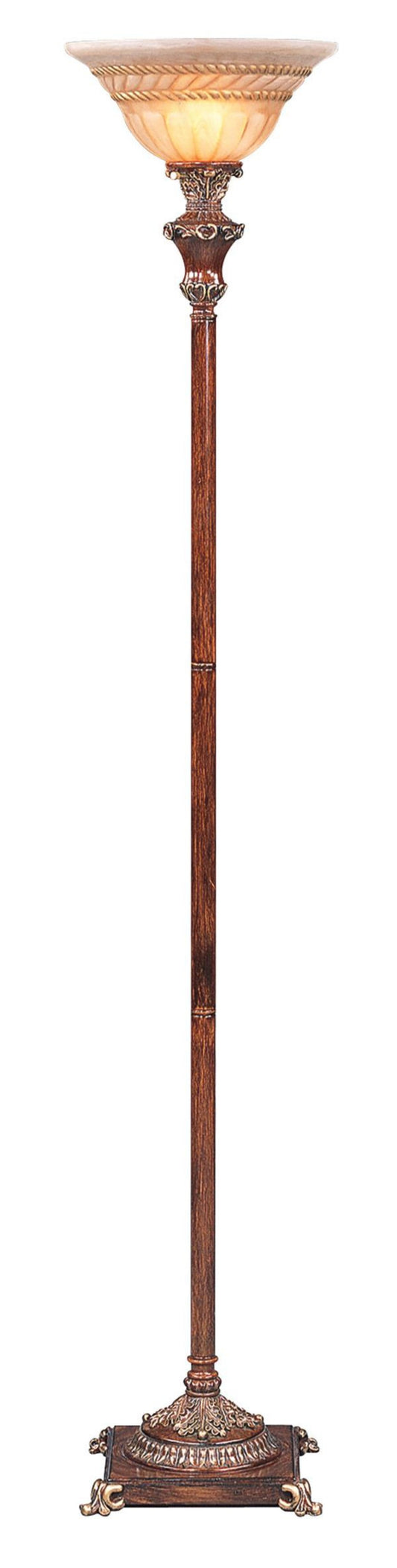 Brown Faux Wood Torchiere Floor Lamp w/ Brown Stained Glass Shade