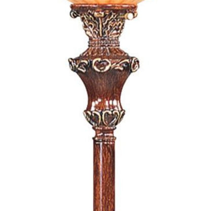 Brown Faux Wood Torchiere Floor Lamp w/ Brown Stained Glass Shade