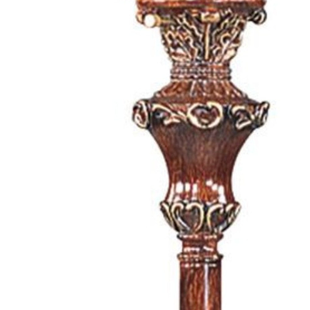 Brown Faux Wood Torchiere Floor Lamp w/ Brown Stained Glass Shade