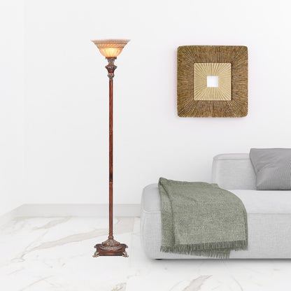 Brown Faux Wood Torchiere Floor Lamp w/ Brown Stained Glass Shade