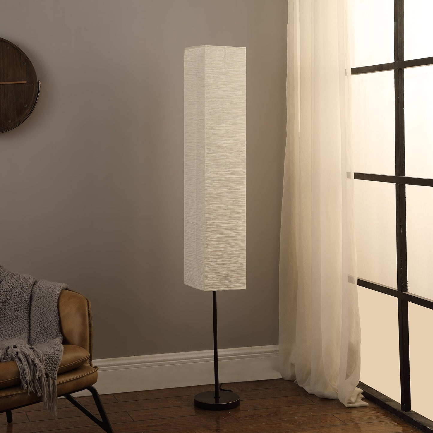 Black Column Floor Lamp w/ Off White Rectangular Paper Shade