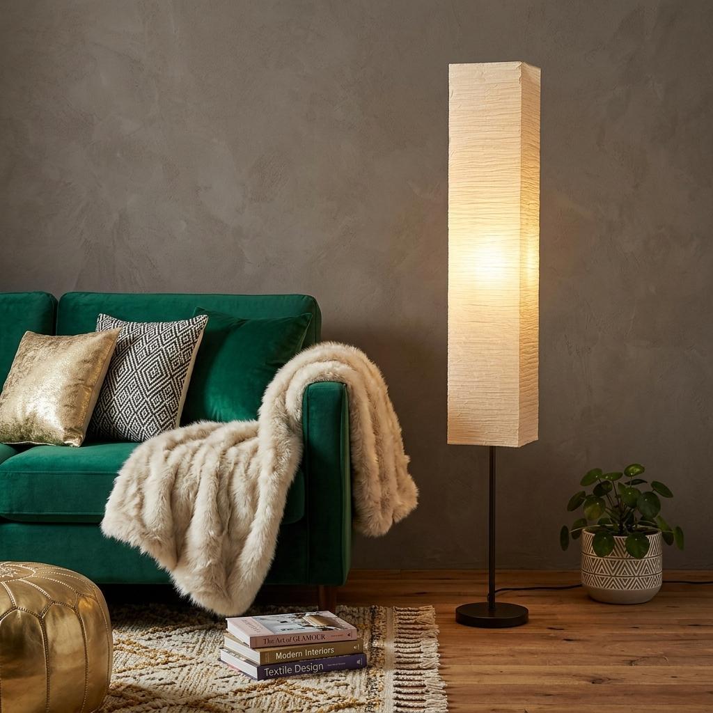 Black Column Floor Lamp w/ Off White Rectangular Paper Shade