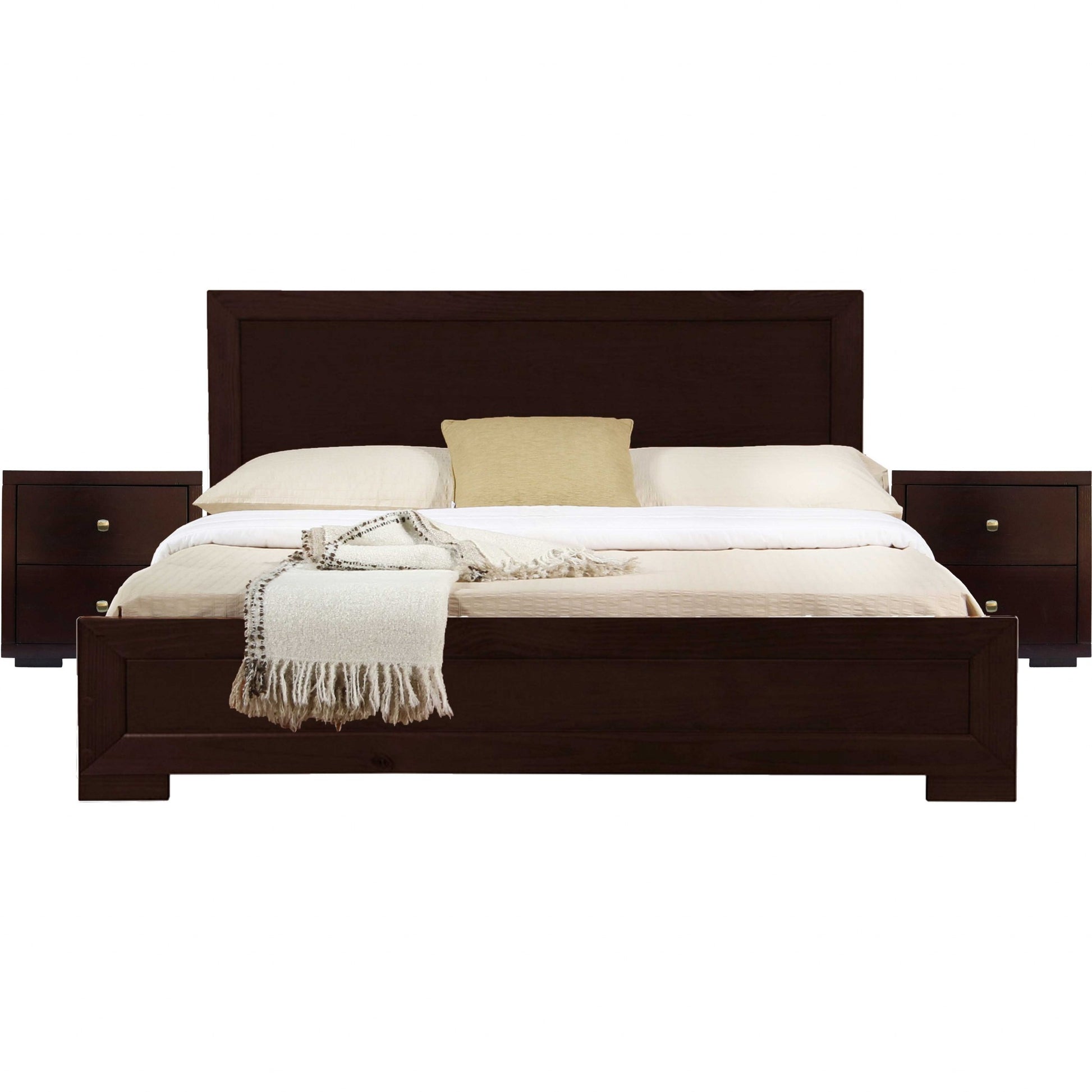 Moma Espresso Wood Platform King Bed w/ 2 Nightstands