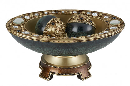Marbleized Green & Gold Polyresin Decorative Bowl With Orbs
