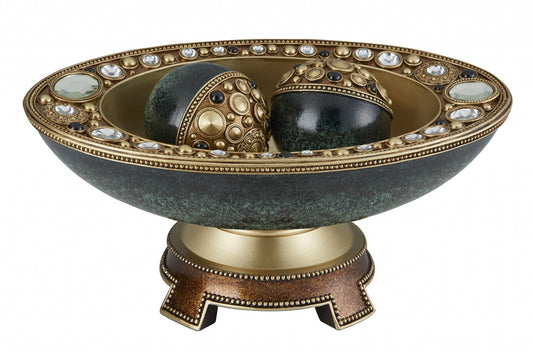 Marbleized Green & Gold Polyresin Decorative Bowl With Orbs