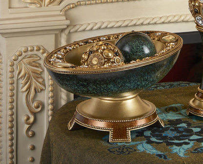 Marbleized Green & Gold Polyresin Decorative Bowl With Orbs