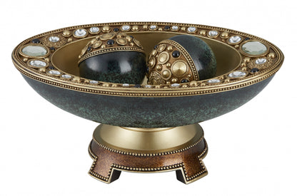 Marbleized Green & Gold Polyresin Decorative Bowl With Orbs