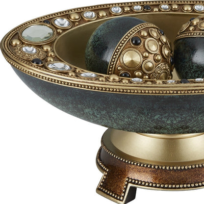 Marbleized Green & Gold Polyresin Decorative Bowl With Orbs