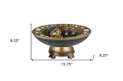 Marbleized Green & Gold Polyresin Decorative Bowl With Orbs