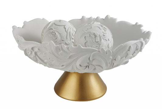 Matte Gold & White Polyresin Decorative Bowl With Orbs