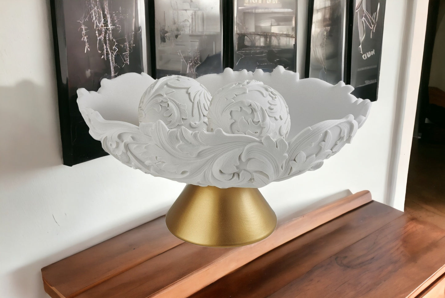Matte Gold & White Polyresin Decorative Bowl With Orbs