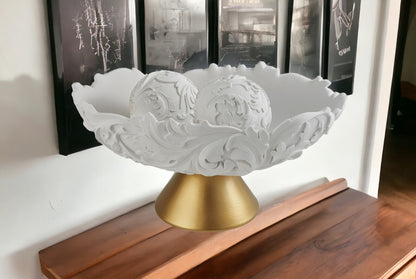 Matte Gold & White Polyresin Decorative Bowl With Orbs