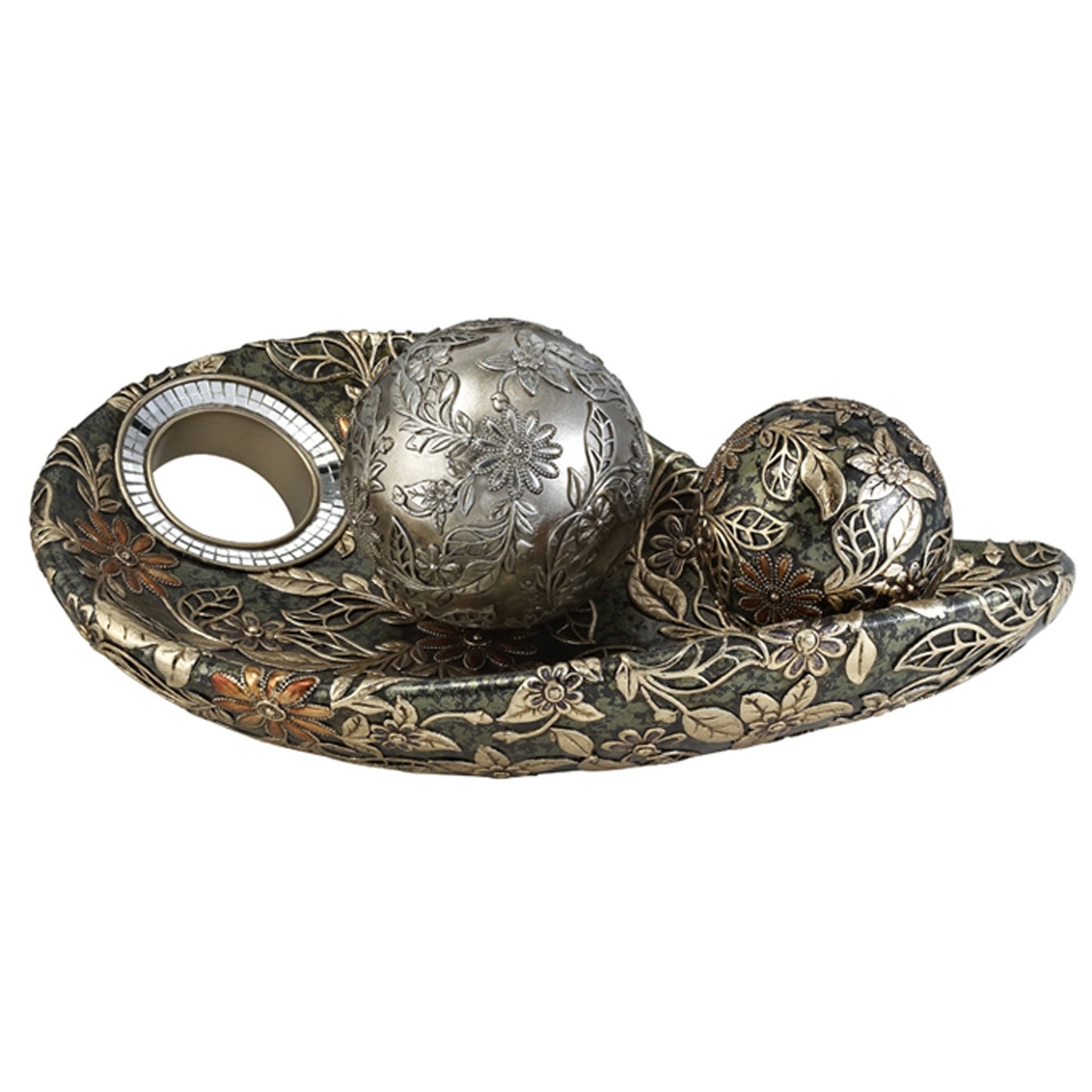 Green Silver & Gold Polyresin Decorative Bowl With Orbs