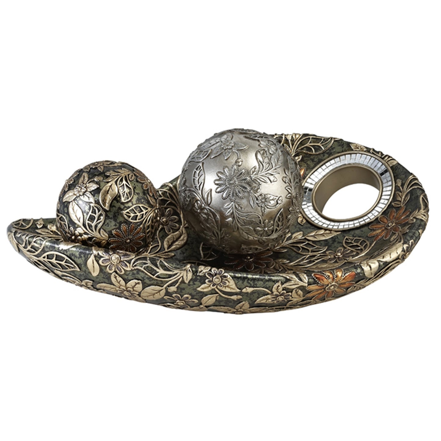 Green Silver & Gold Polyresin Decorative Bowl With Orbs