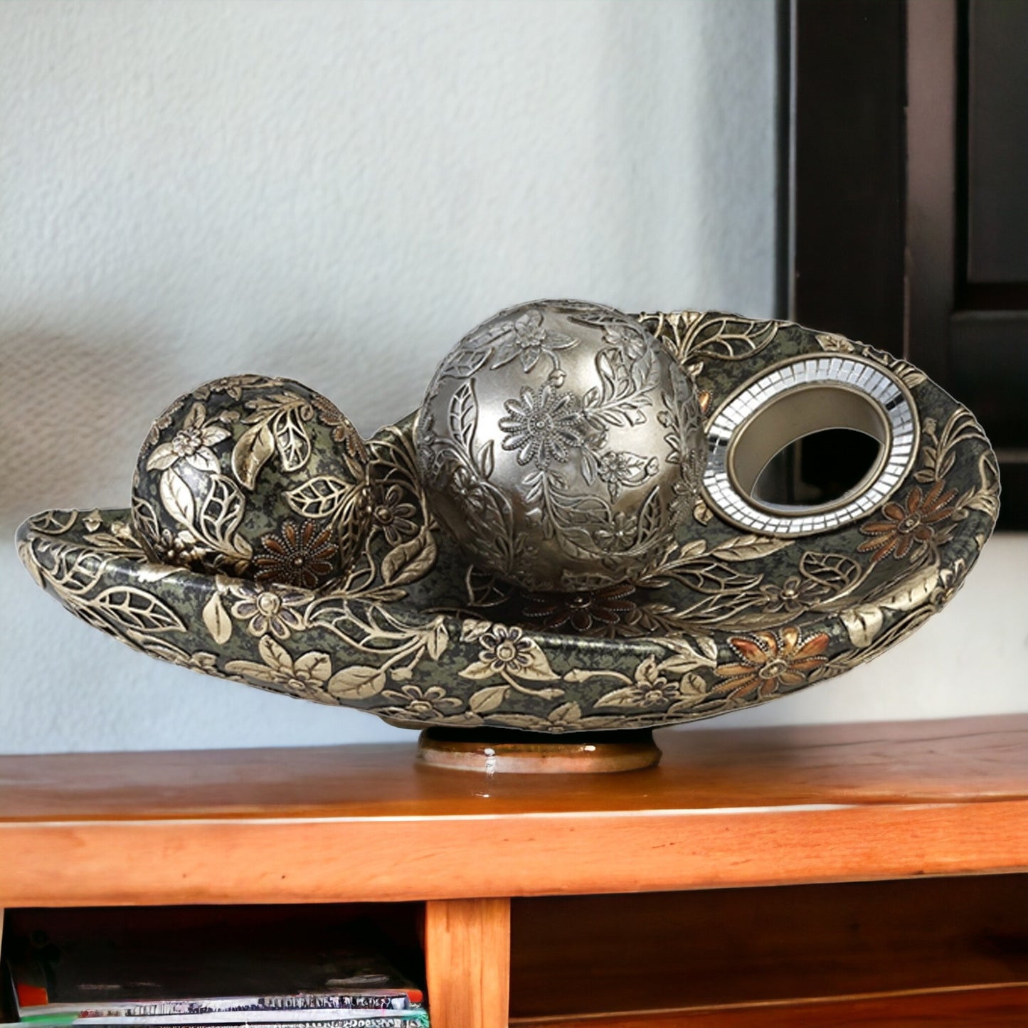Green Silver & Gold Polyresin Decorative Bowl With Orbs