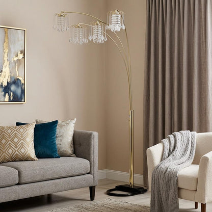 Gold Four Lights Tree Floor Lamp w/ Clear Chandelier Shade