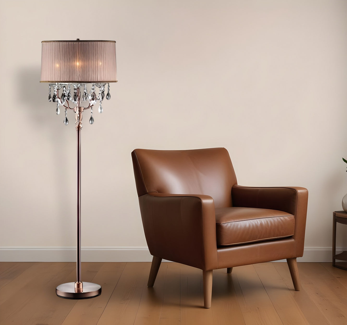 Steel 3-Light Candelabra Floor Lamp w/ Silvery Pink Shade