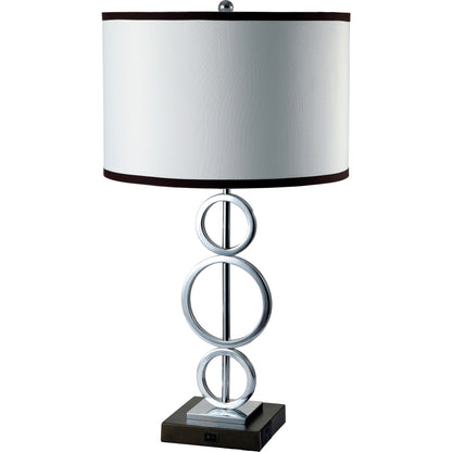 Silver Bedside Geo Table Lamp w/ White & Black Trim Classic Shade