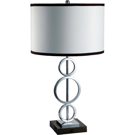 Silver Bedside Geo Table Lamp w/ White & Black Trim Classic Shade