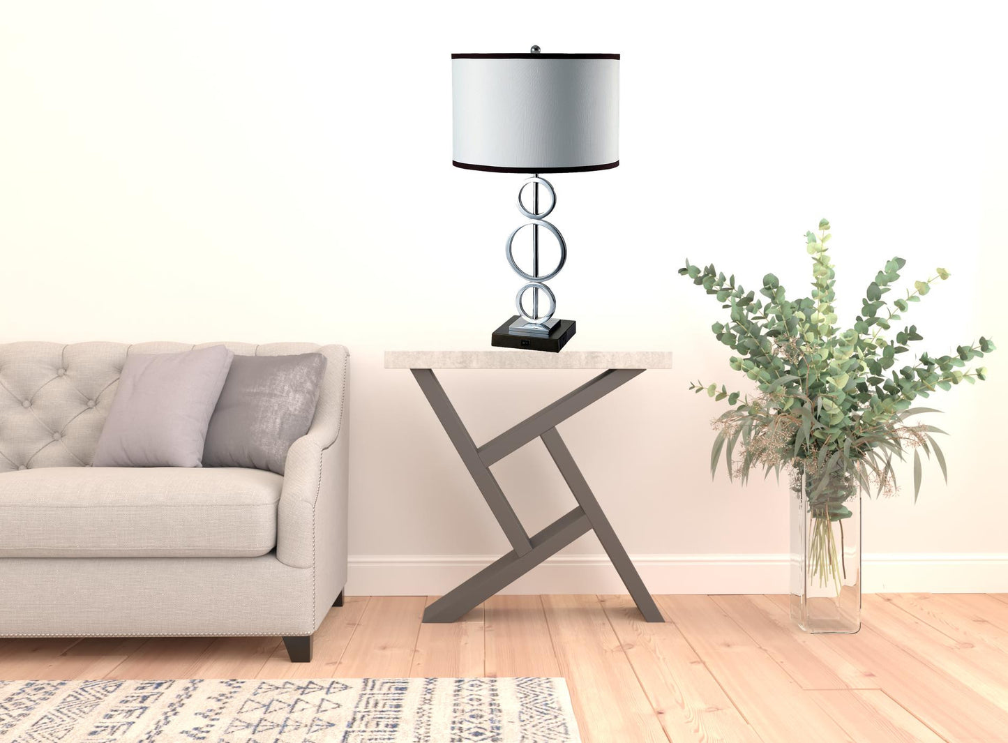 Silver Bedside Geo Table Lamp w/ White & Black Trim Classic Shade