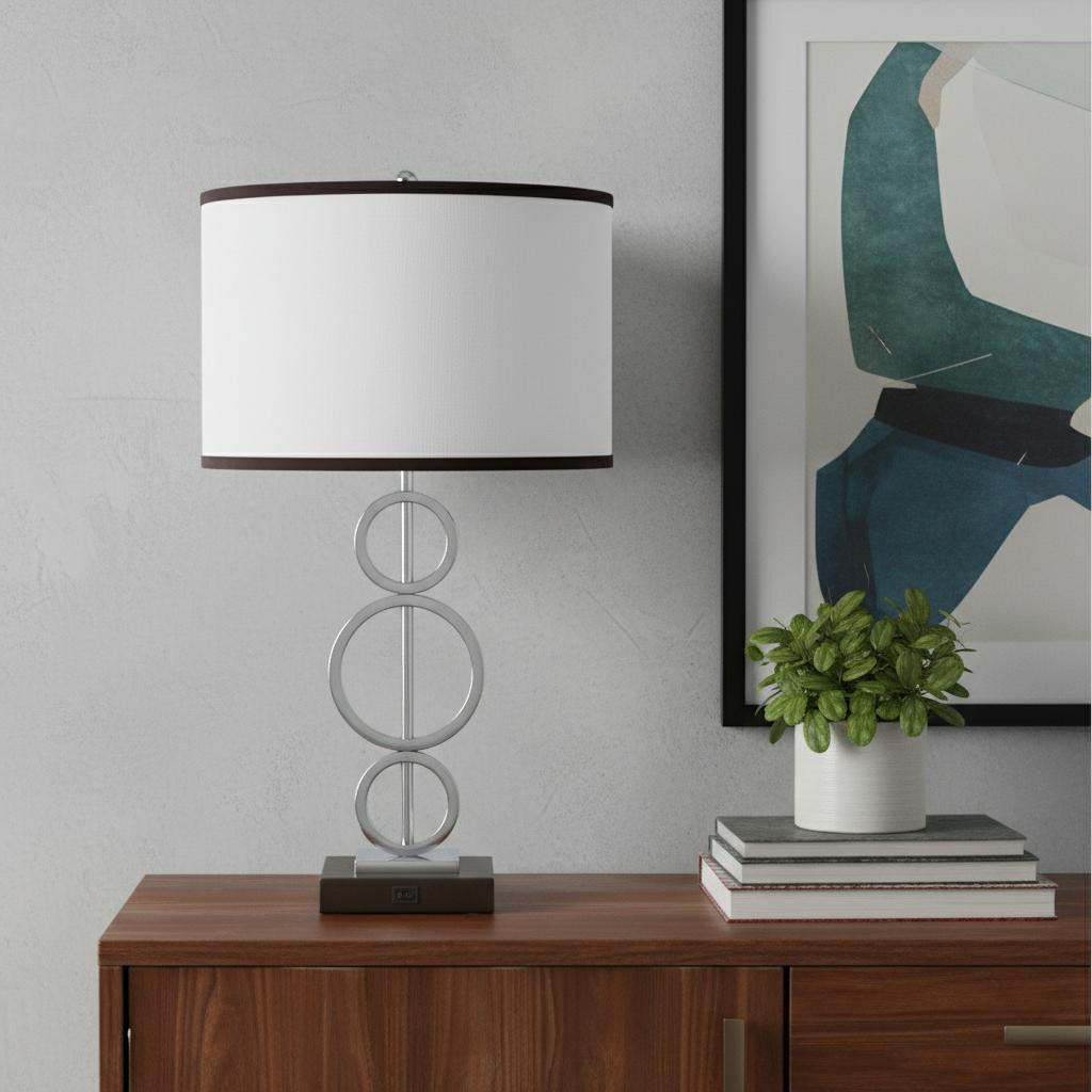 Silver Bedside Geo Table Lamp w/ White & Black Trim Classic Shade