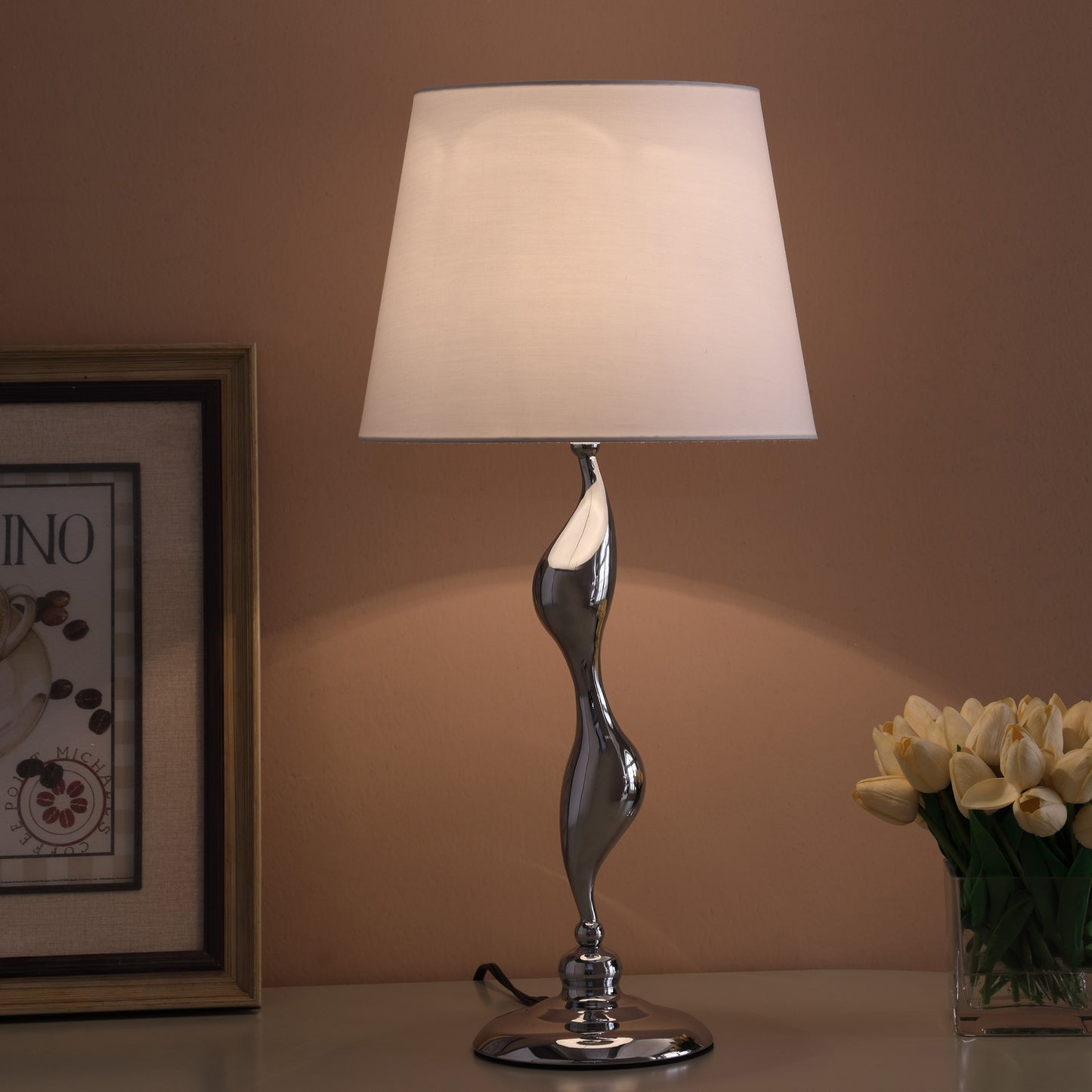 Silver Bedside Table Lamp w/ Shade