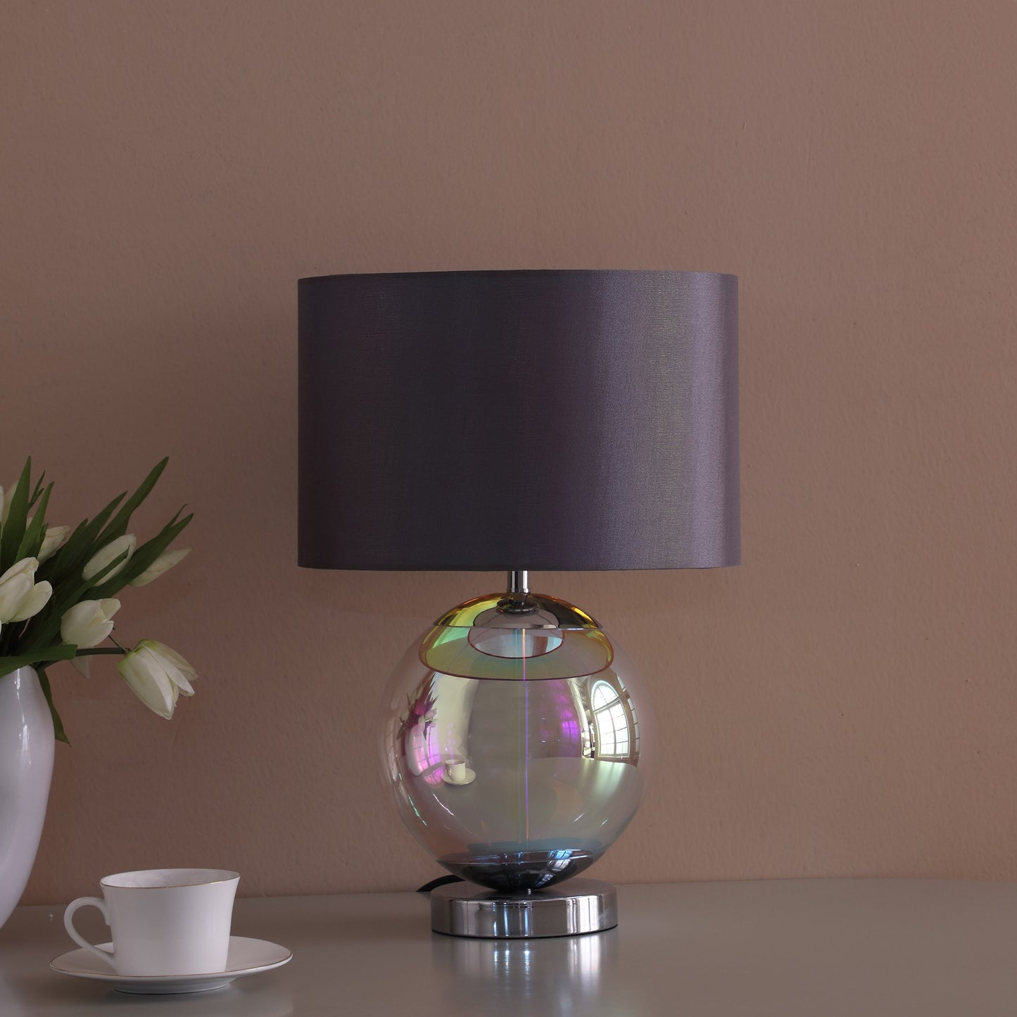 Iridescent Glass Globe Table Lamp w/ Gray Classic Shade