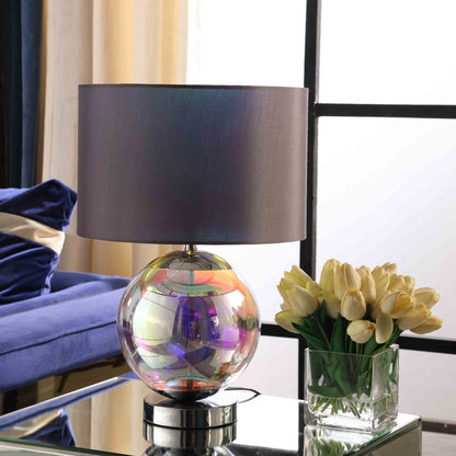 Iridescent Glass Globe Table Lamp w/ Gray Classic Shade