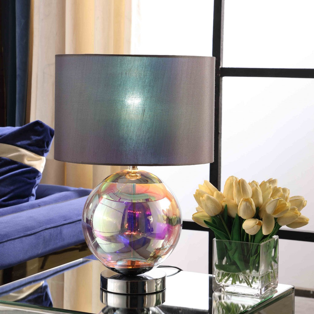 Iridescent Glass Globe Table Lamp w/ Gray Classic Shade
