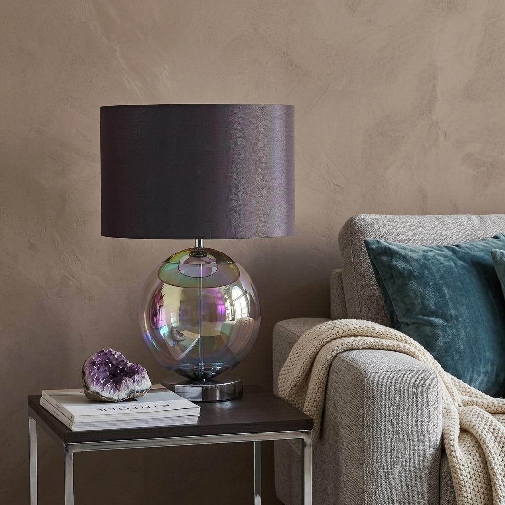 Iridescent Glass Globe Table Lamp w/ Gray Classic Shade