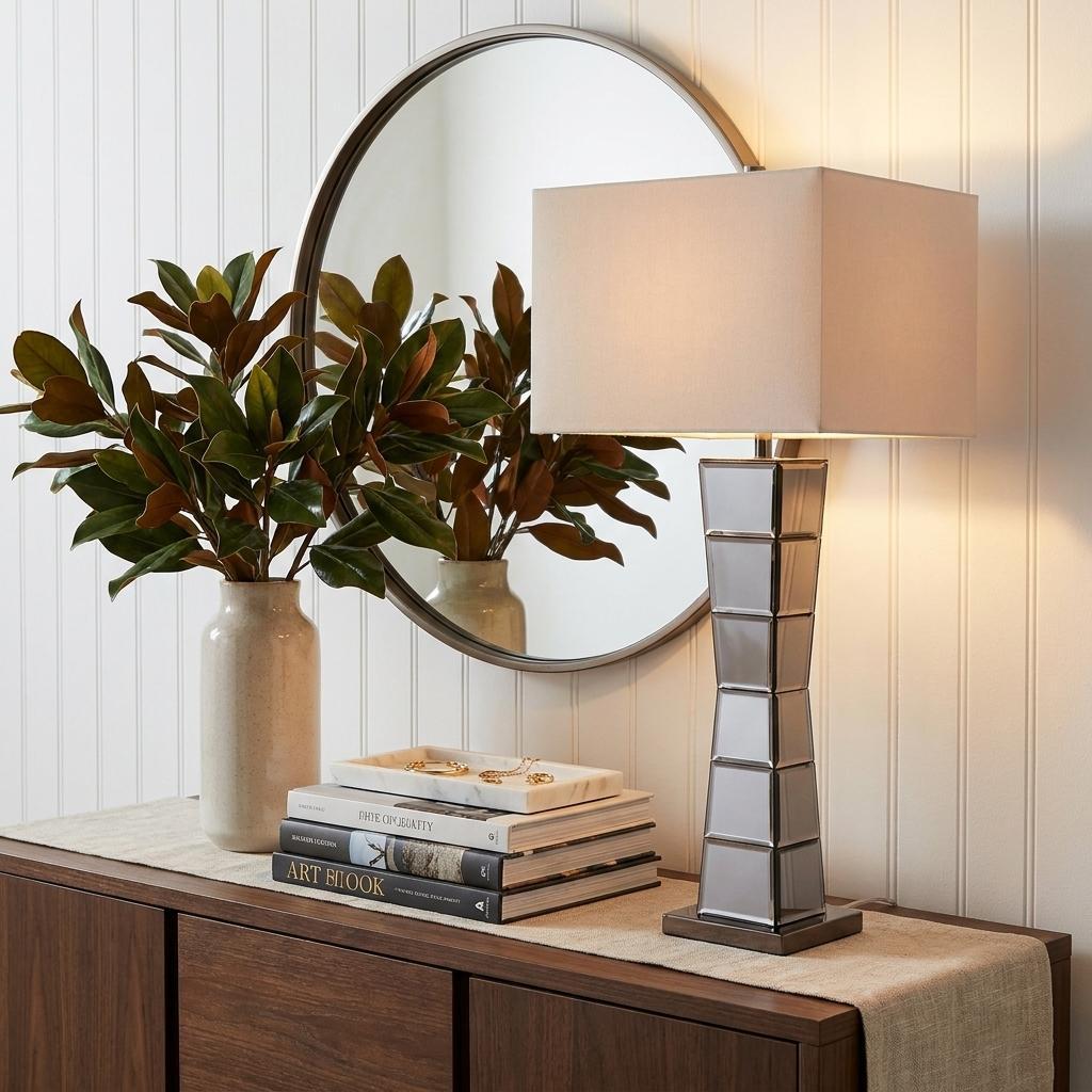 Black Glass Tower Table Lamp w/ Beige Shade