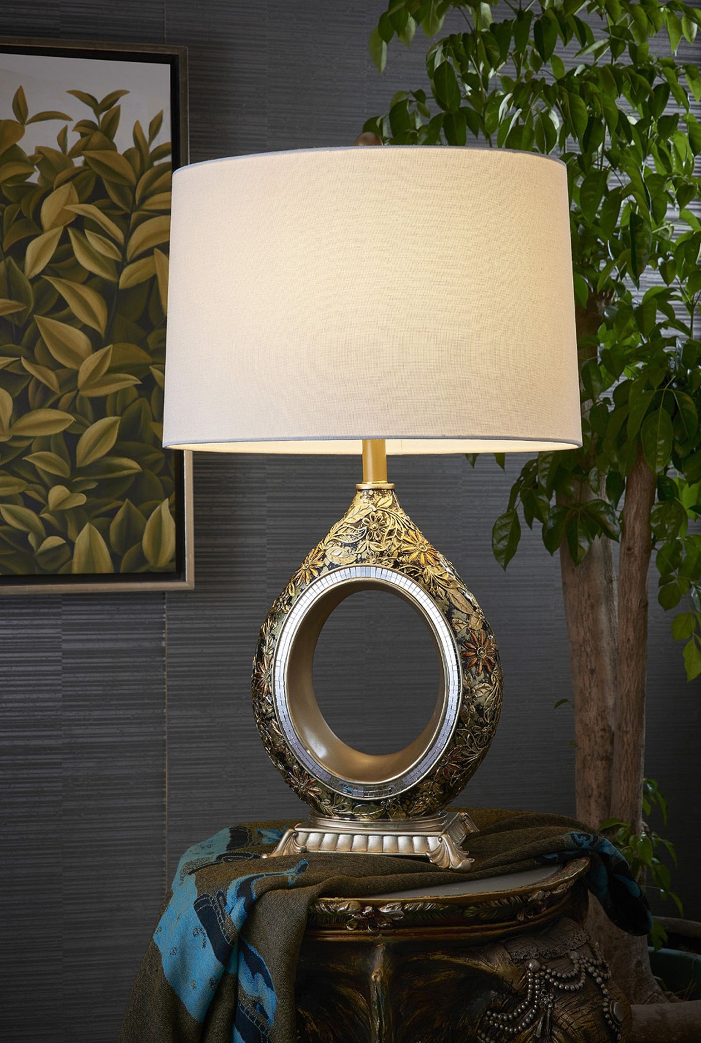 Vintage Silver w/ Gold Flowers Table Lamp