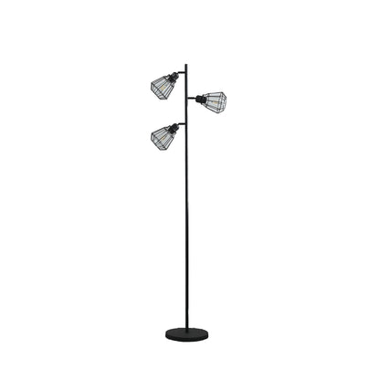 Black 3-Light Tree Floor Lamp w/ Black Cage Shade
