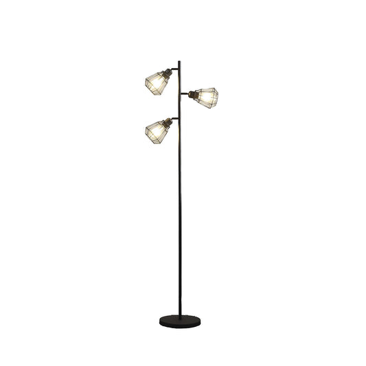 Black 3-Light Tree Floor Lamp w/ Black Cage Shade