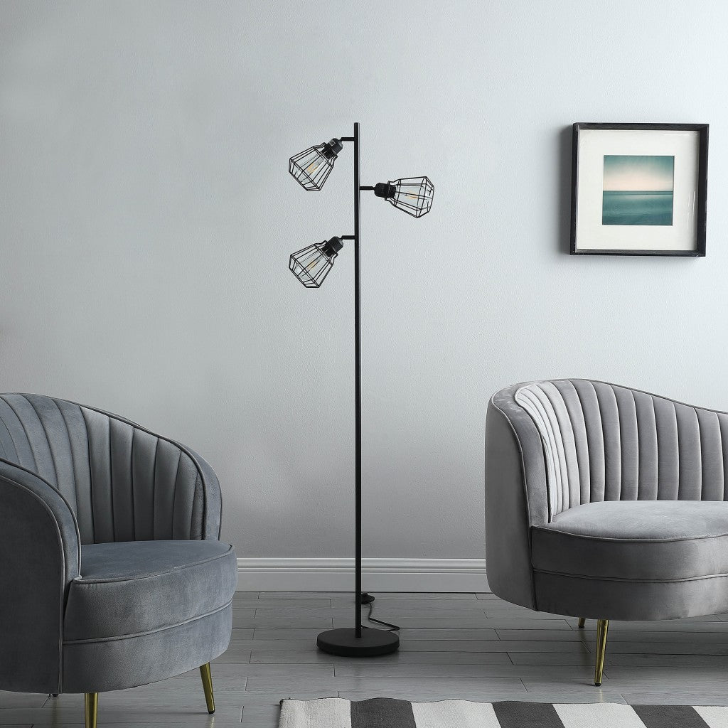 Black 3-Light Tree Floor Lamp w/ Black Cage Shade