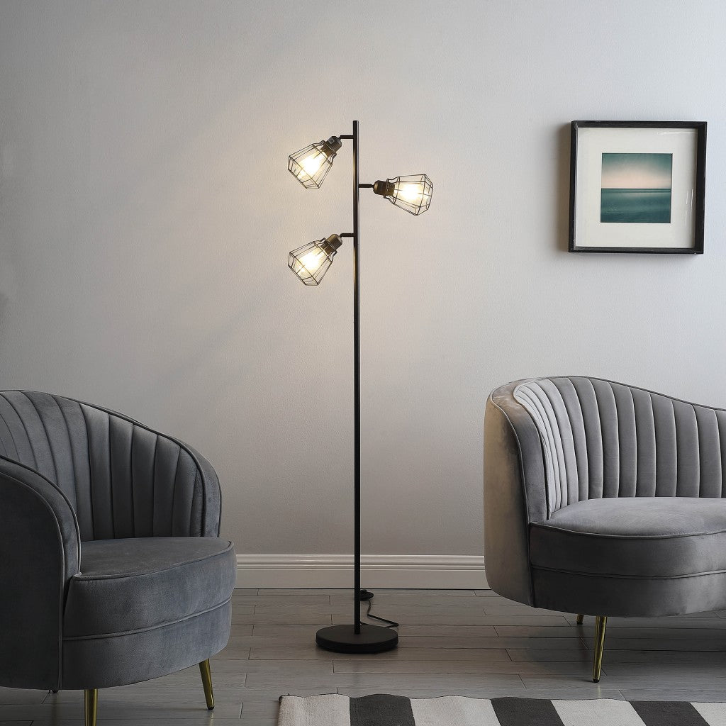 Black 3-Light Tree Floor Lamp w/ Black Cage Shade