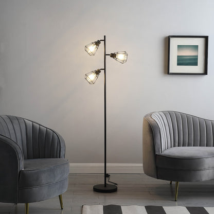 Black 3-Light Tree Floor Lamp w/ Black Cage Shade