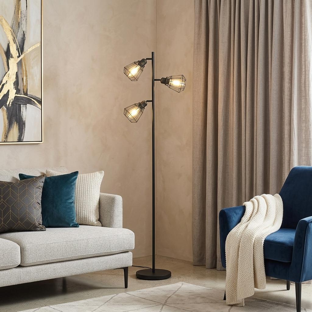 Black 3-Light Tree Floor Lamp w/ Black Cage Shade