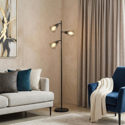 Black 3-Light Tree Floor Lamp w/ Black Cage Shade