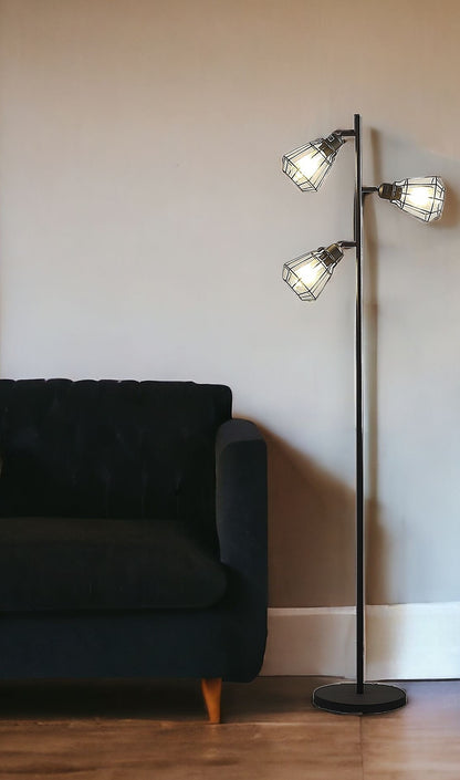 Black 3-Light Tree Floor Lamp w/ Black Cage Shade