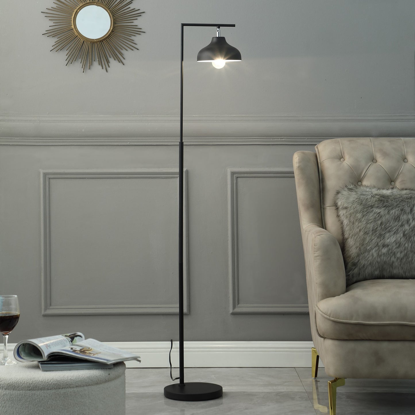 Black Arc Floor Lamp w/ Black Bowl Shade