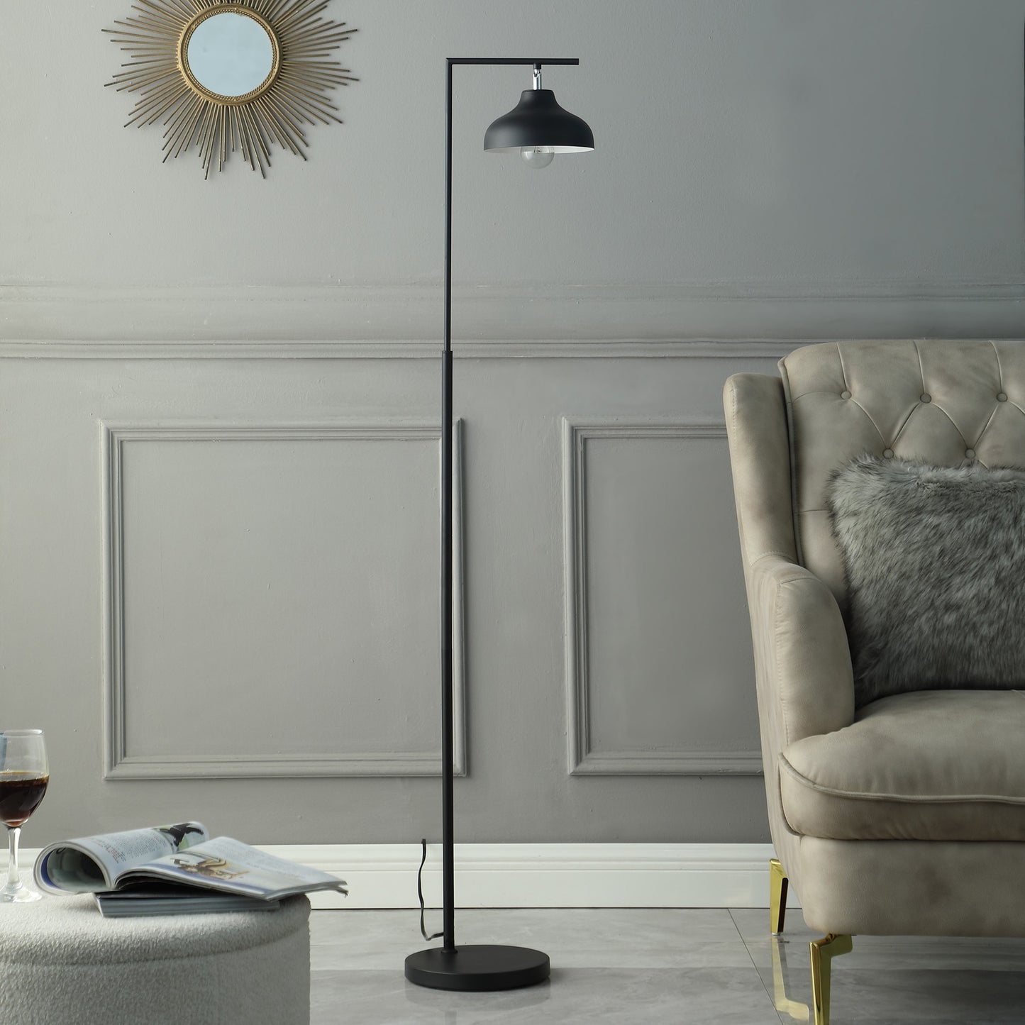 Black Arc Floor Lamp w/ Black Bowl Shade