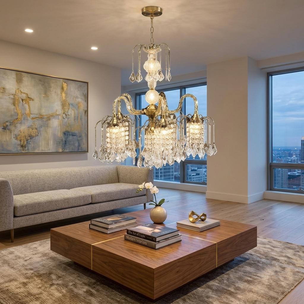 2 Tier Crystal & Brass Hanging Chandelier Light