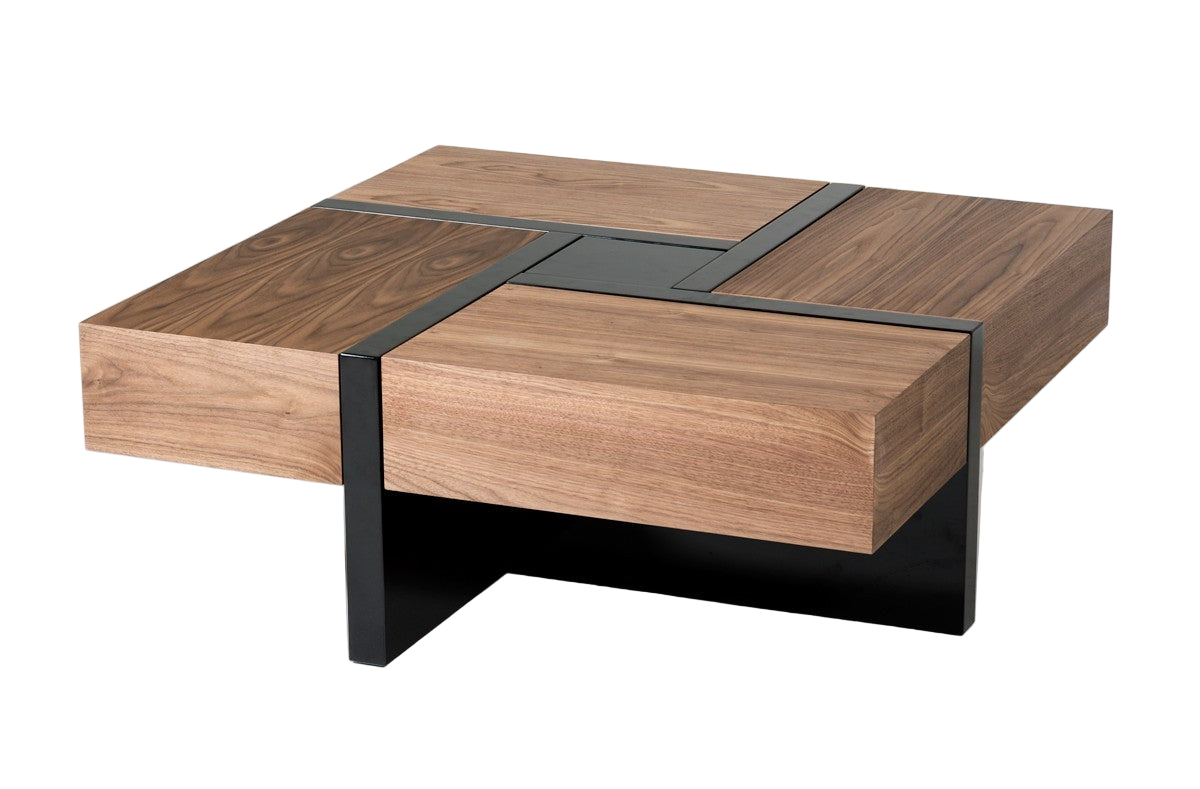 Brown & Black & Black Square Coffee Table w/ 4 Drawers