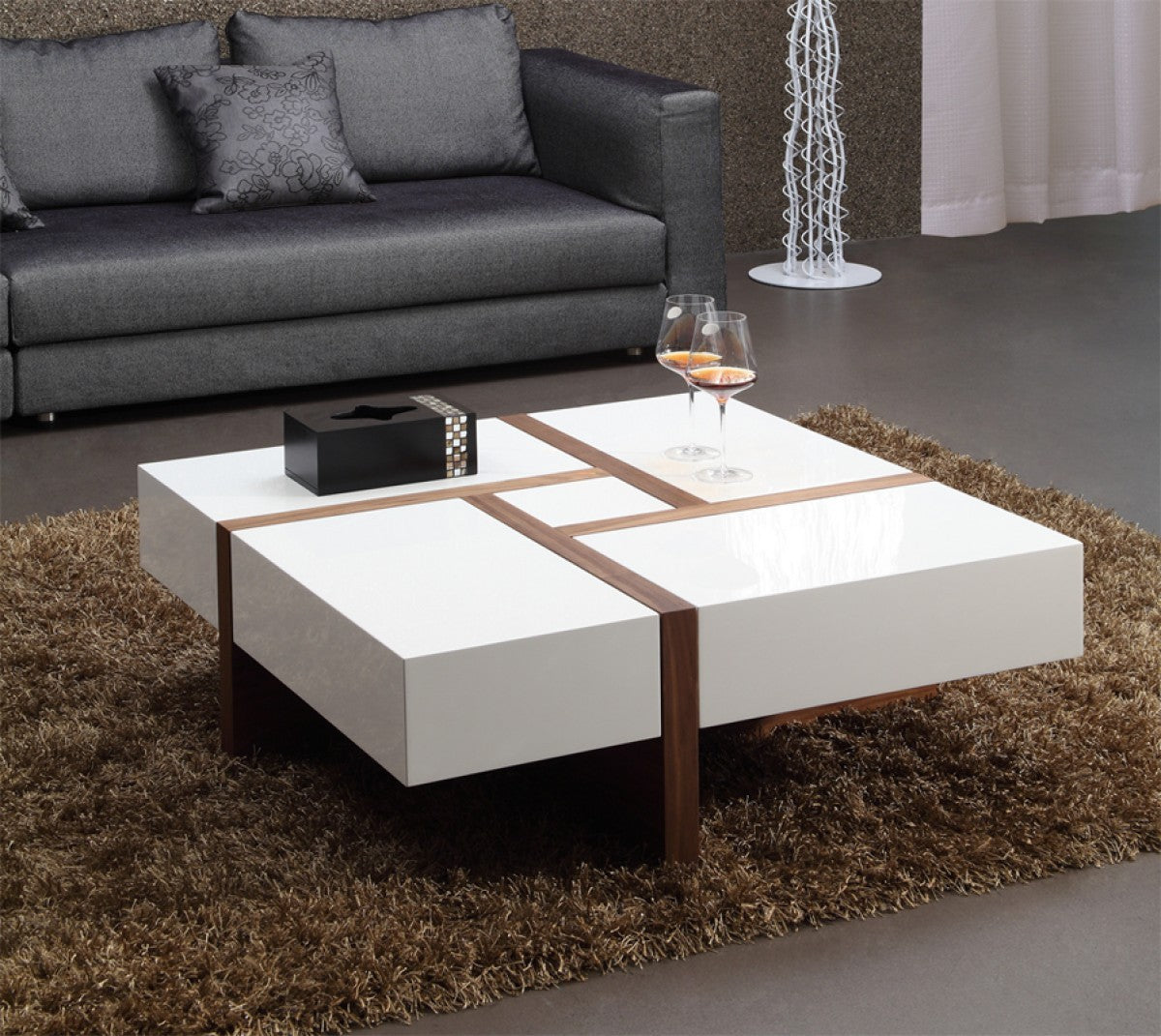 Modern White & Walnut Square Coffee Table w/ Storage