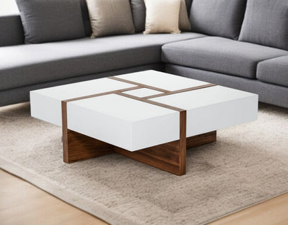 Brown & White Wood Square Solid Coffee Table w/ Four Drawers image 1