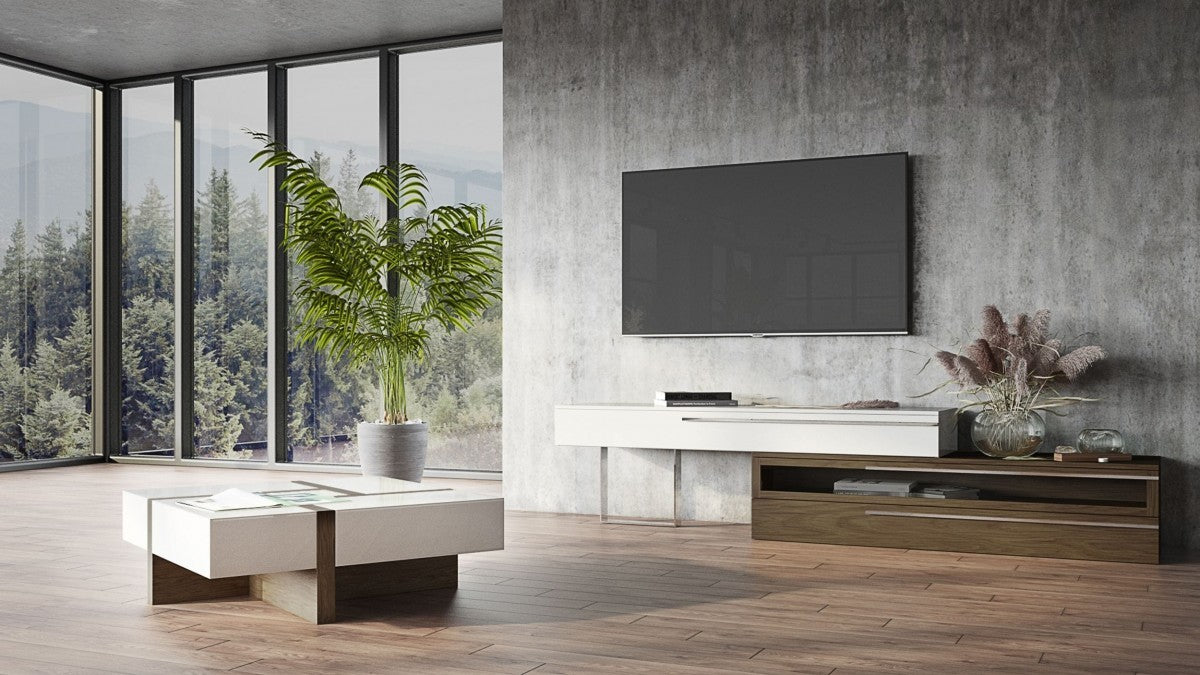 Modern White & Walnut Square Coffee Table w/ Storage